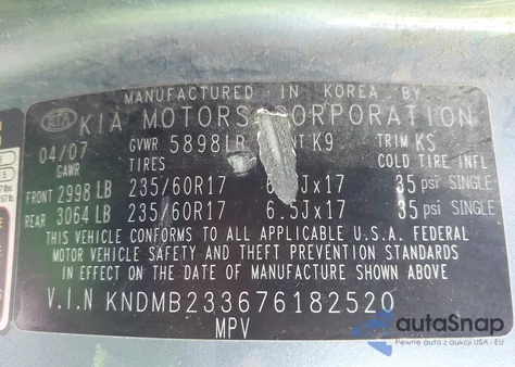 2007 Kia Sedona Ex из США, поврежденный, VIN KNDMB233676182520